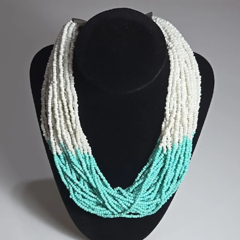White and Turquoise Glass Beaded Necklace